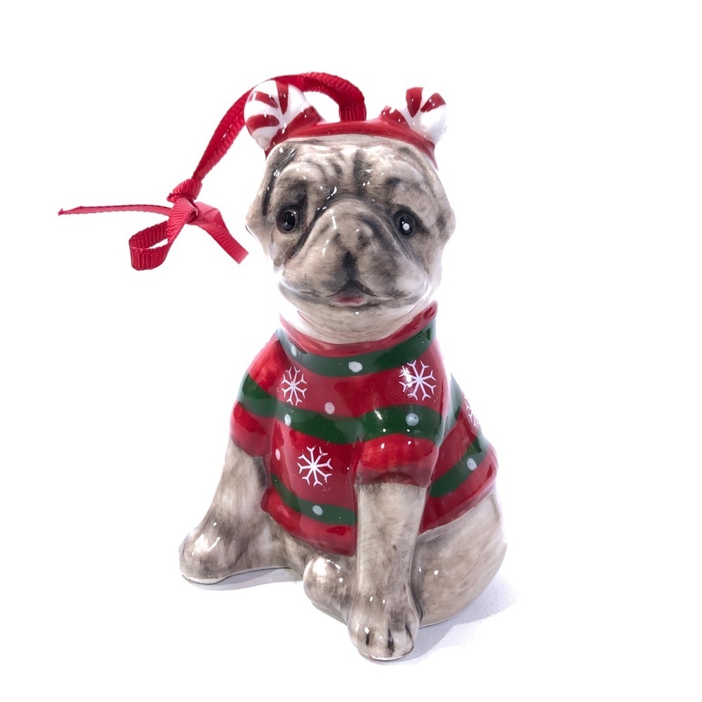 Blue Sky Ceramic Sweater Pug Dog Christmas Sweater Holiday Tree Ornament